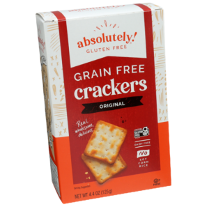 Absolutely Gluten Free Original Crackers box shown upright on light grey, with two crackers pictured on the front.