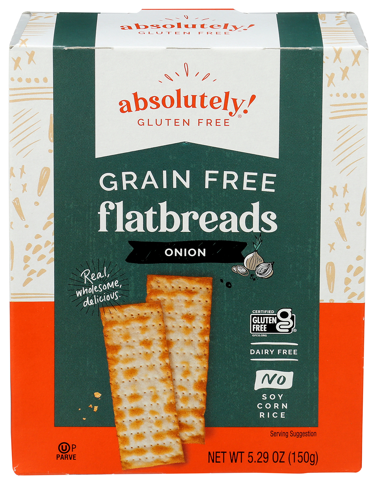 absolutely gluten free onion flatbreads front of packaging