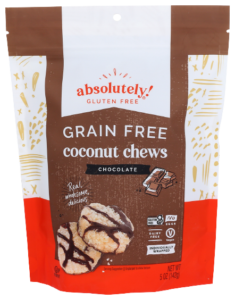 absolutely gluten free chocolate coconut chews front of packaging