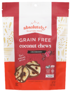 absolutely gluten free coconut chews with cranberry front of packaging