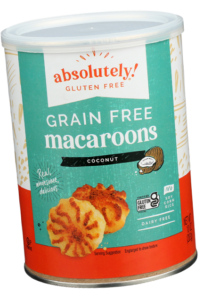Absolutely Gluten Free Coconut Macaroons canister shown upright with two macaroons and a coconut illustration on label.
